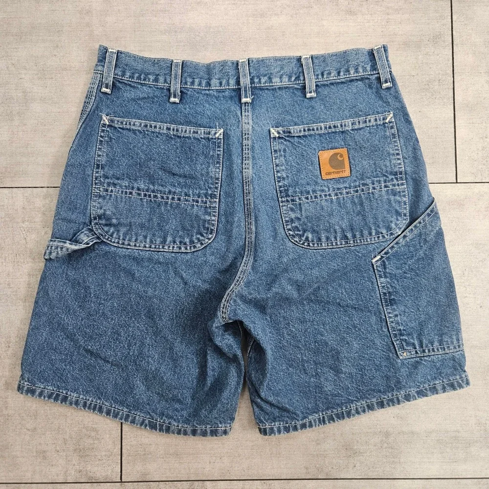 Vintage Carhartt B28 DST Mens Blue Denim Carpenter Shorts Hammer Loop Size 34
